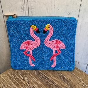 Beaded Coin Purse Wallet Blue Pink Flamingo Travel Pouch New FAST SHIP
